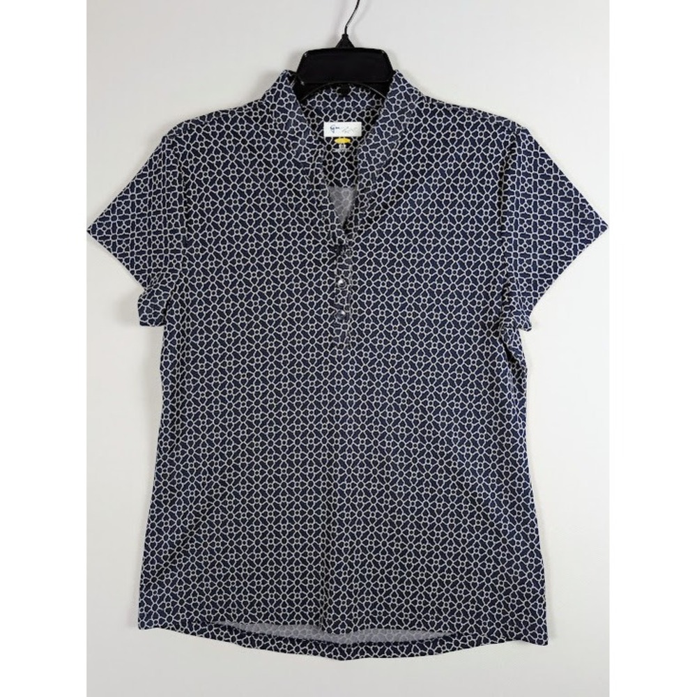 Greg Norman Play Dry Golf Shirt Womens M Navy Blue White Lattice PlayDry NWOT